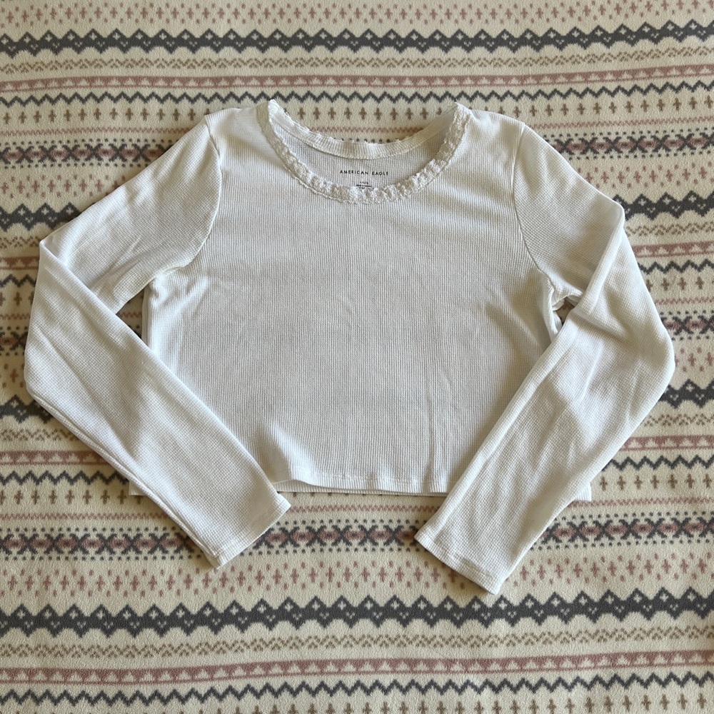 American Eagle Lace Trimmed Waffle Knit Ling Sleeve Top